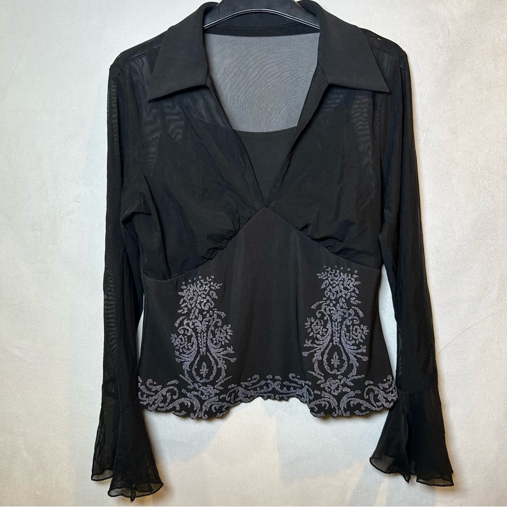 Sheer Black Y2K Babydoll Beaded, Bell Sleeves Blouse Top Whimsigoth. Size 12